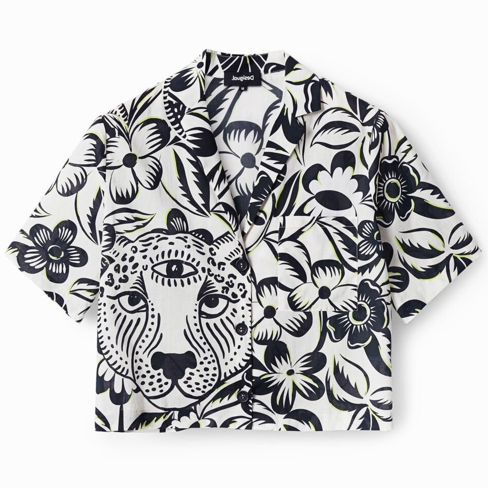 Unique Desigual Button Down Shirt jungle floral print 100% cotton Ivory Black